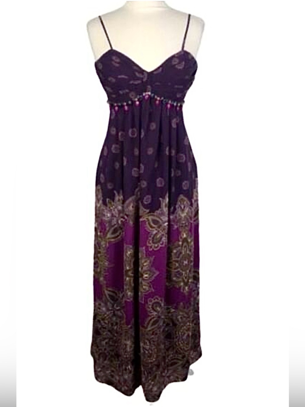 Eliza J Beaded Purple Paisley  & Mandala Maxi Dress with Spaghetti Straps